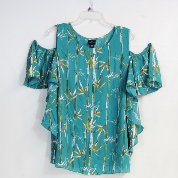 Worthington Turquoise Bamboo Cold Shoulder Georgette Blouse Size XLT - Picture 2 of 7